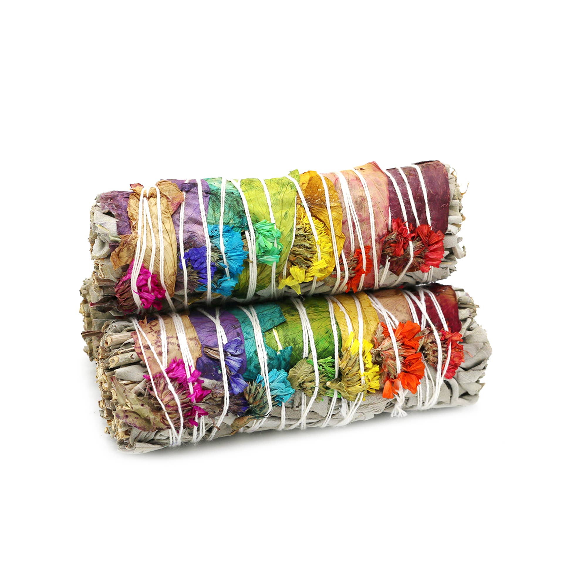 3 Bundles of White Sage with colorful flowers on a white background