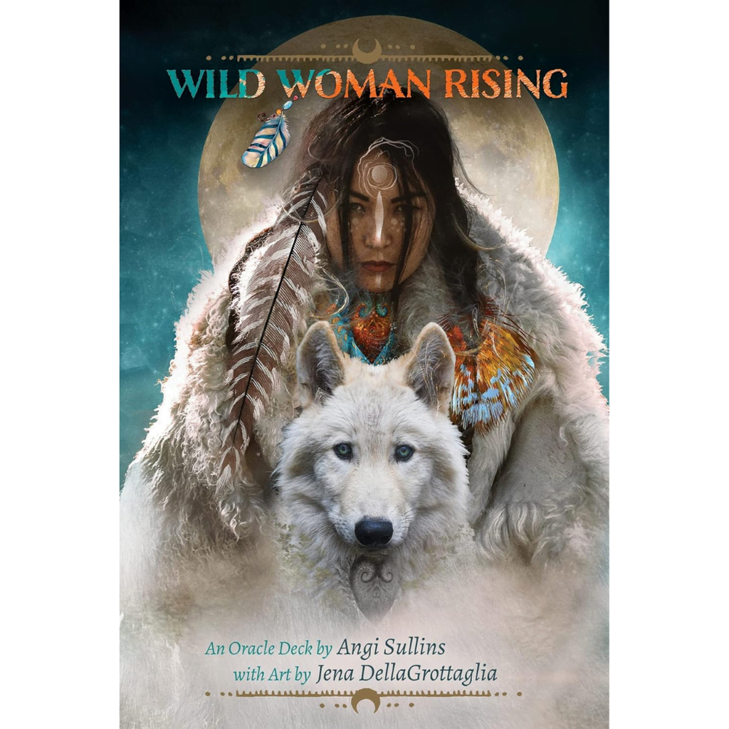 Deck cover of 'Wild Woman Rising' featuring a woman and a wolf with a mystical background.