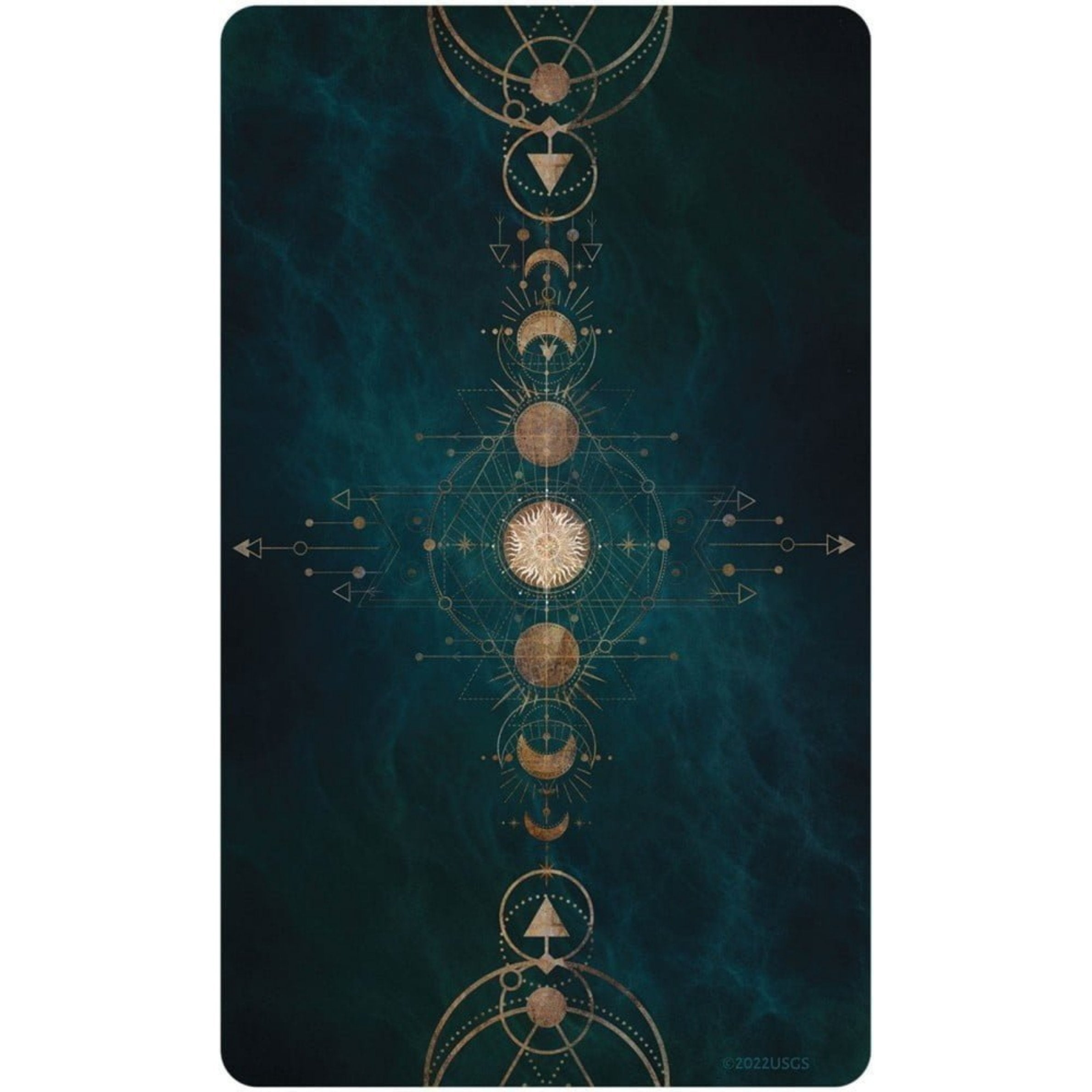 Back of card design with gold celestial design on a dark teal background