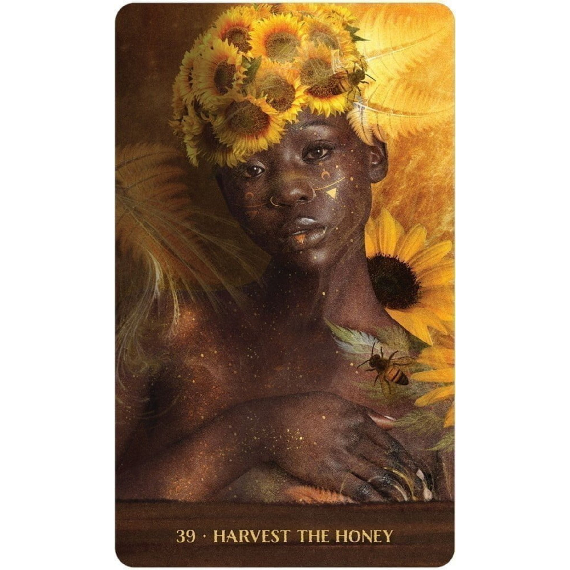 Card with a person wearing sunflower headpiece and holding a sunflower, with text '39 - Harvest the Honey' on a brown background.