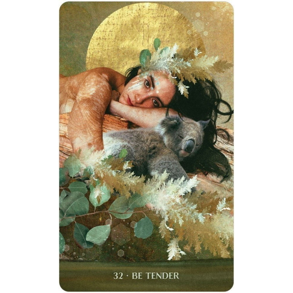Card with a woman and koala surrounded by foliage, labeled '32 - Be Tender'.