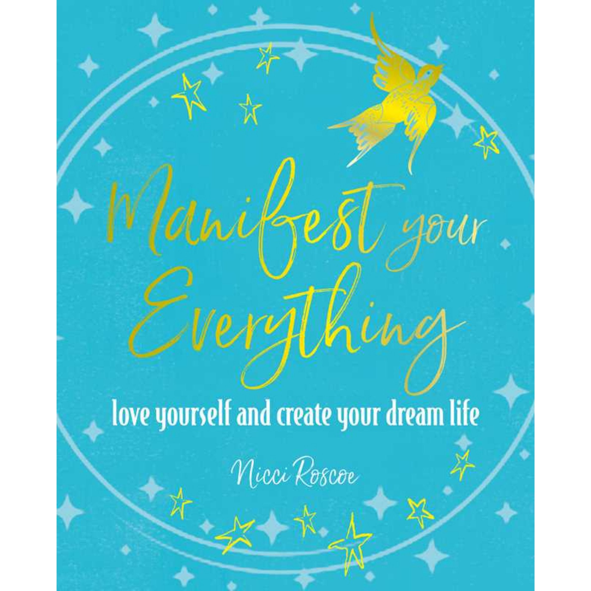 Book cover with 'Manifest your Everything' text on a blue background with stars and a fairy.