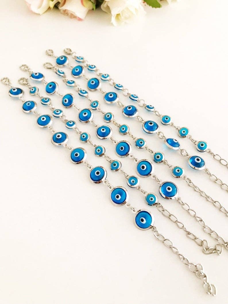 Evil Eye Turquoise Bead Silver Link Chain Bracelet 8mm