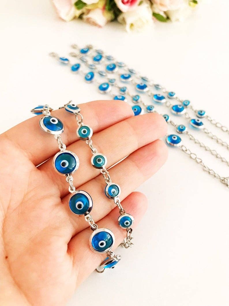 Evil Eye Turquoise Bead Silver Link Chain Bracelet 8mm