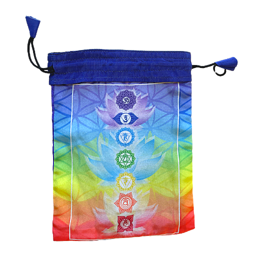 Drawstring bag with rainbow design and chakra symbols on a white background