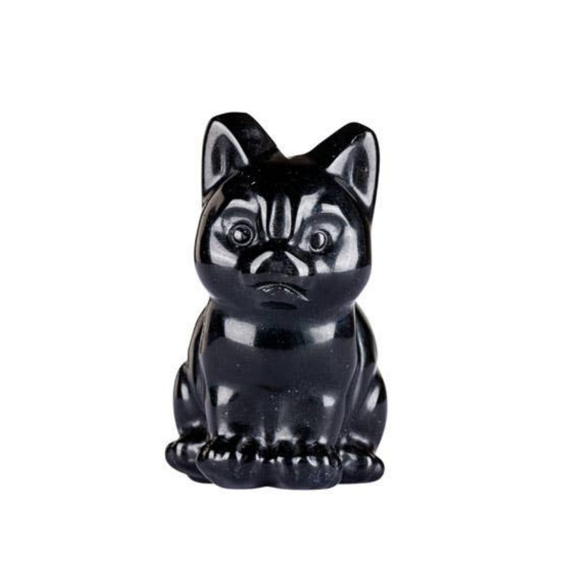 A glossy black obsidian cat figurine, likely made of polished stone or resin, is shown against a plain white background.