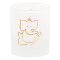 White candle with gold cat illustration on a white background