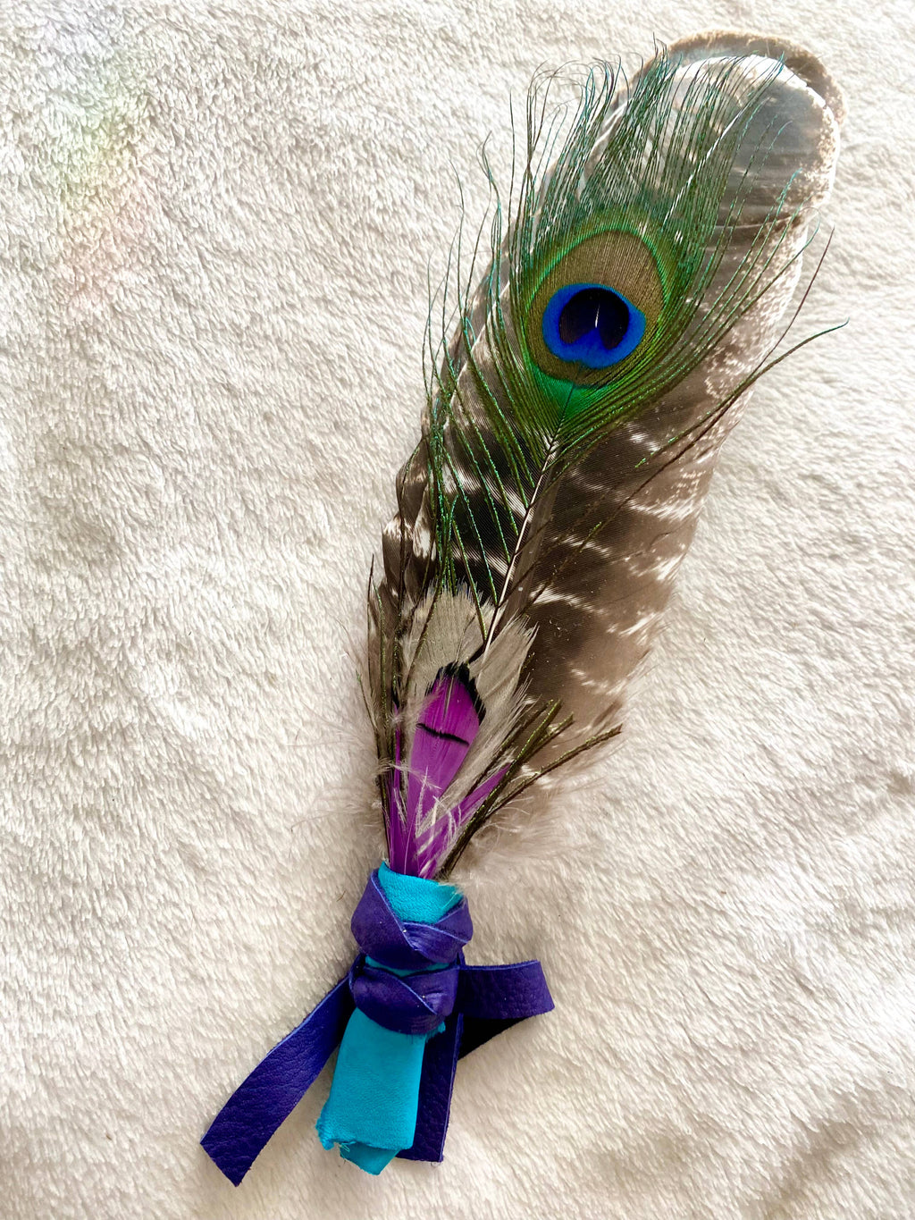 Smudge Fan with Leather wrapped Handle, Smudging Feathers: Colorful colors