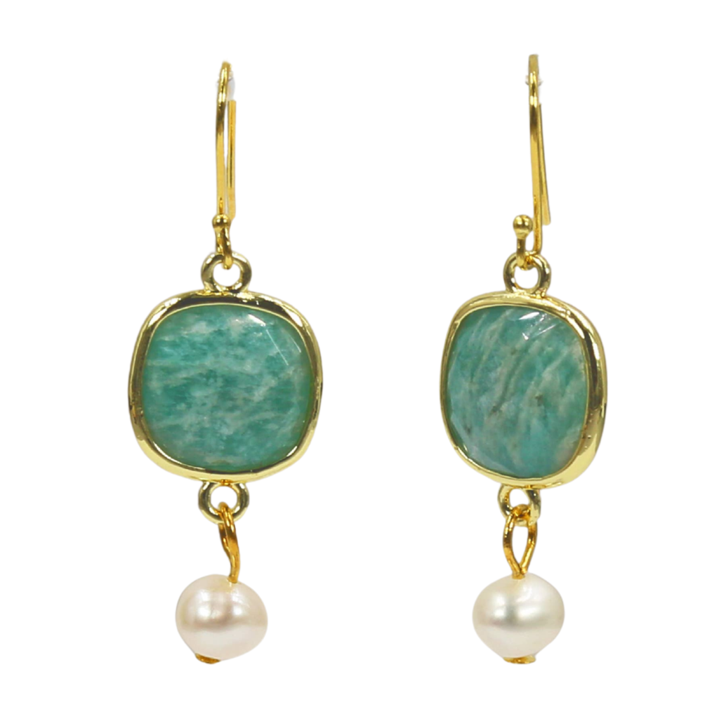 Peruvian Amazonite and Pearl Earrings Close up on a White Background 