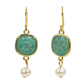 Peruvian Amazonite and Pearl Earrings Close up on a White Background 