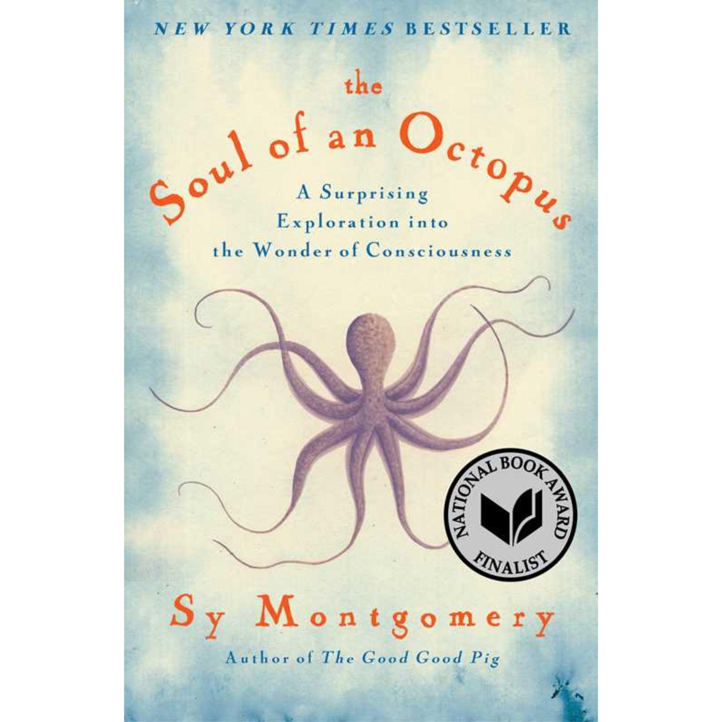 Book cover of 'The Soul of an Octopus' with an octopus illustration and award badge.