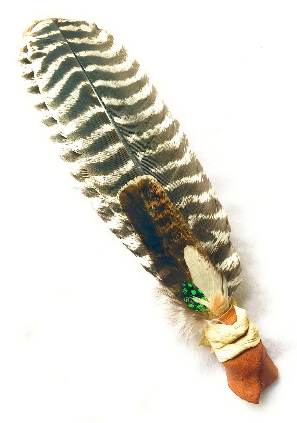 Smudge Fan with Leather wrapped Handle, Smudging Feathers: Colorful colors