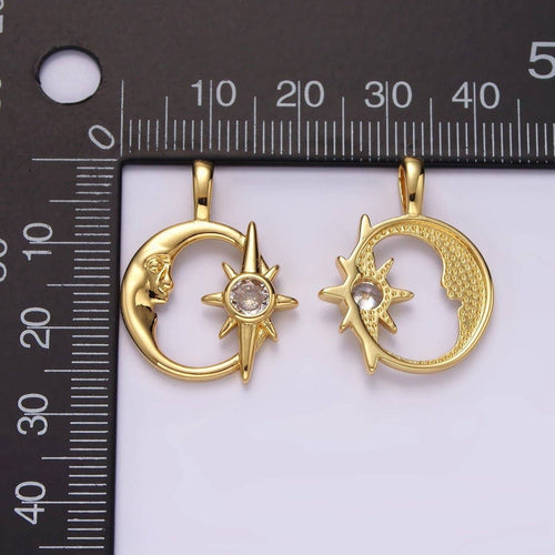 14K Gold Filled Clear CZ Celestial Star Crescent Moon Open Pendant