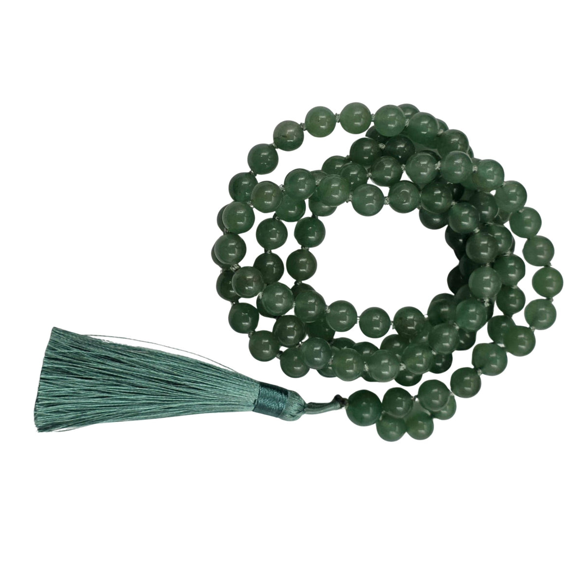 A green aventurine beaded necklace with a matching green tassel,