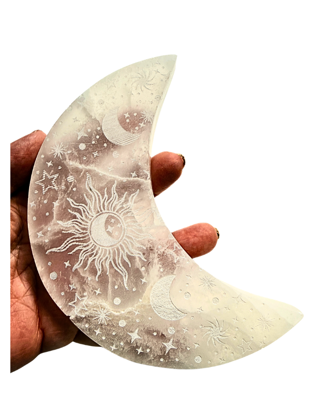 Selenite Crescent Moon engraved with Sun, Moon, and Stars image 1