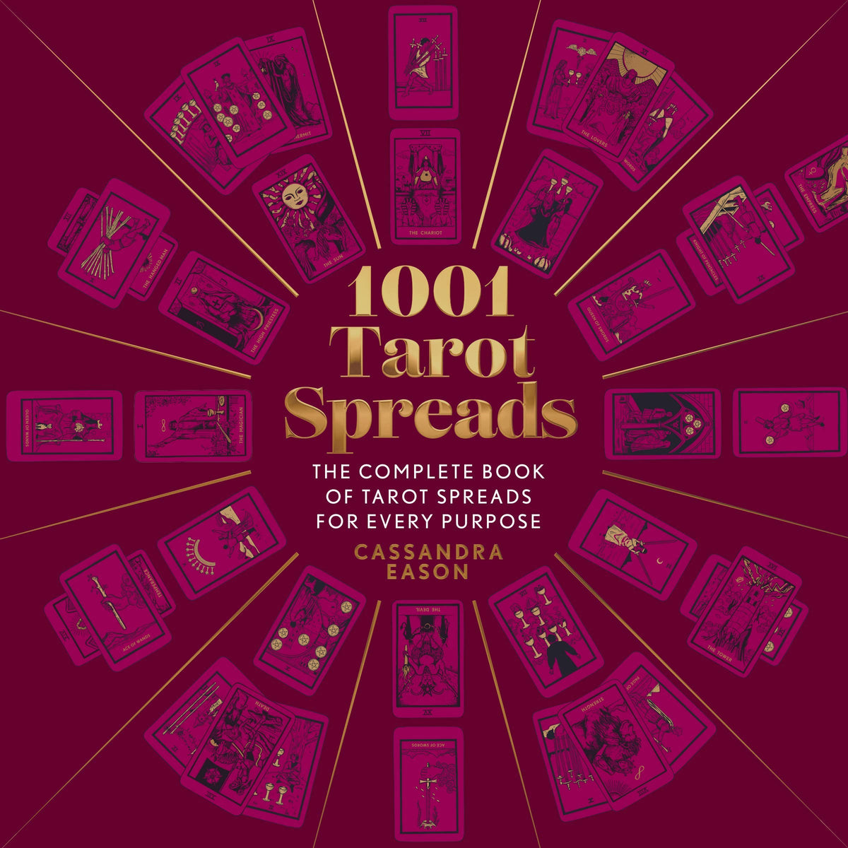 Book cover of '1001 Tarot Spreads' with tarot cards arranged in a circular pattern on a dark red background.