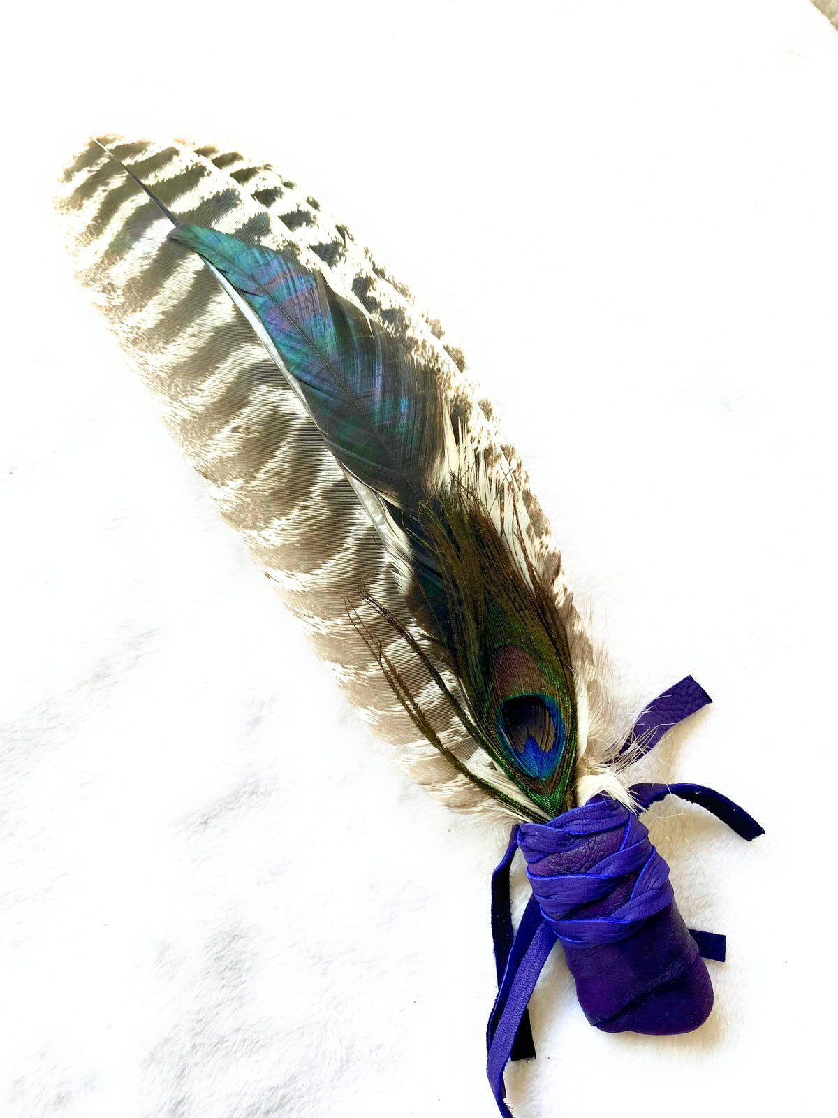 Smudge Fan with Leather wrapped Handle, Smudging Feathers: Colorful colors