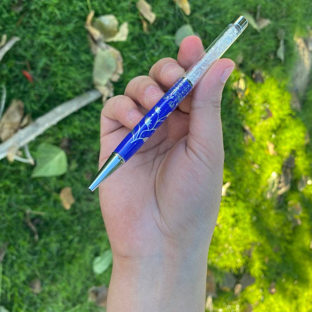 Lotus Flower Silver on Blue Pen with Clear Quartz Chips