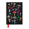 Notebook with colorful mushroom illustrations on a black background