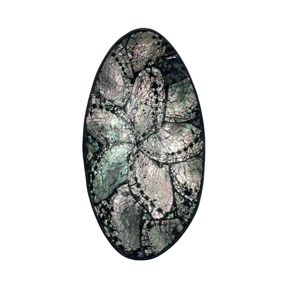 Oval-shaped abalone shell bowl with a unique pattern on a white background