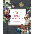 Sticker book cover with dark academia theme featuring books, skulls, and vintage objects on a dark background.