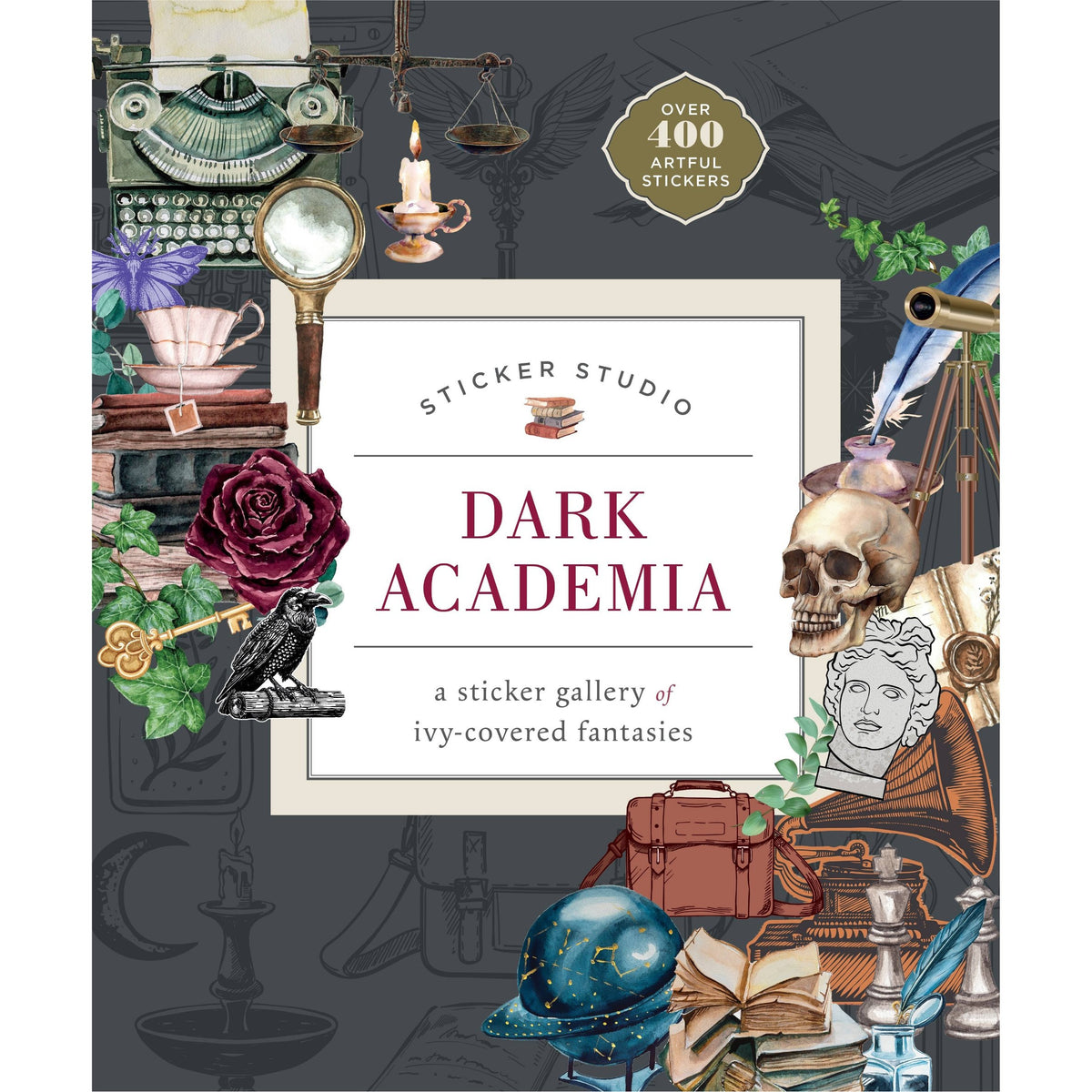 Sticker book cover with dark academia theme featuring books, skulls, and vintage objects on a dark background.
