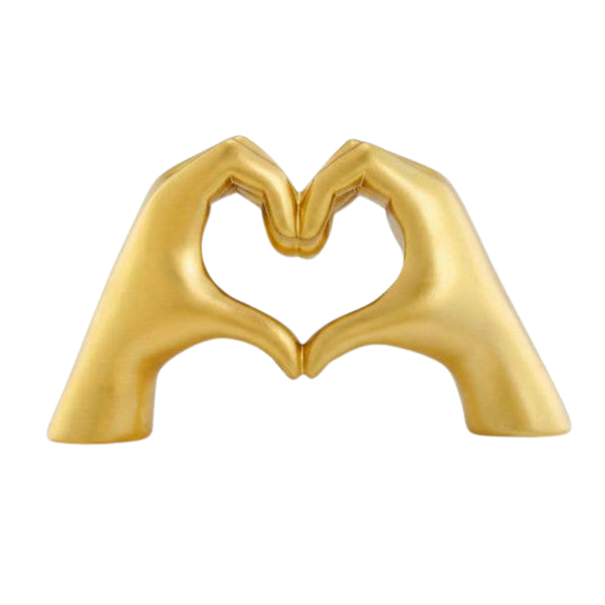 Gold sculpture of two hands forming a heart shape on a white background