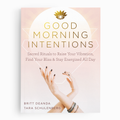 Book cover of 'Good Morning Intentions' with hands and a sun symbol on a light pink background