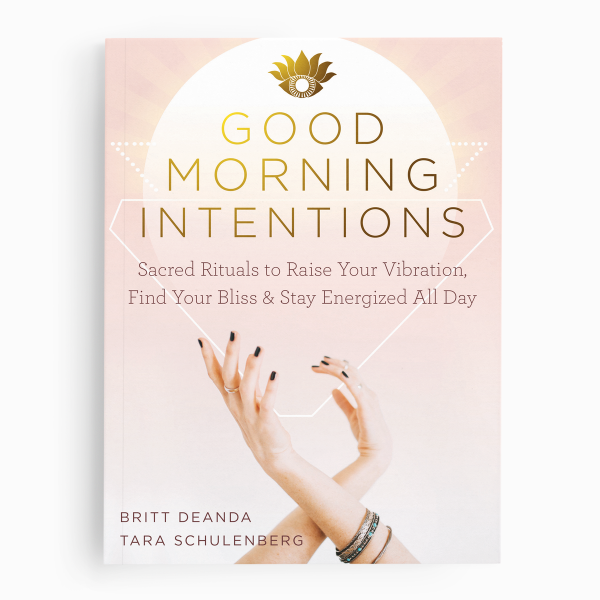 Book cover of 'Good Morning Intentions' with hands and a sun symbol on a light pink background