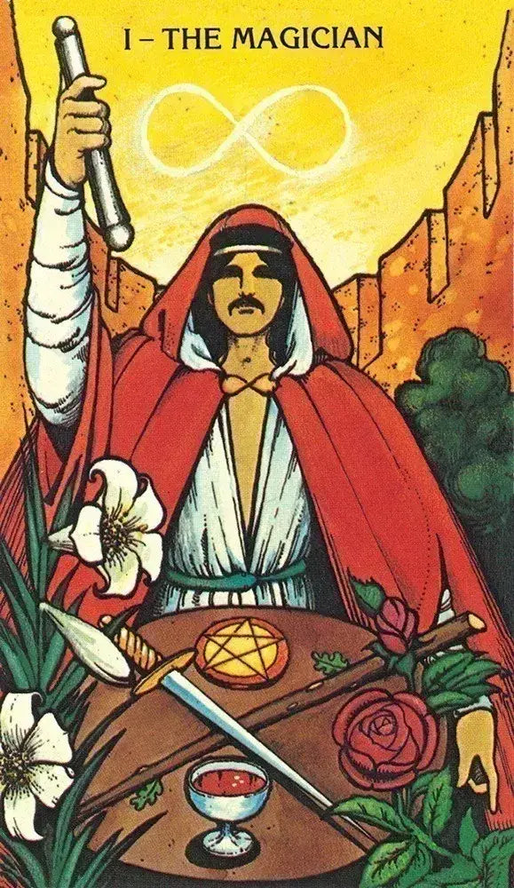 Tarot card featuring 'The Magician' with a person in red robes holding a staff, set against a colorful background.