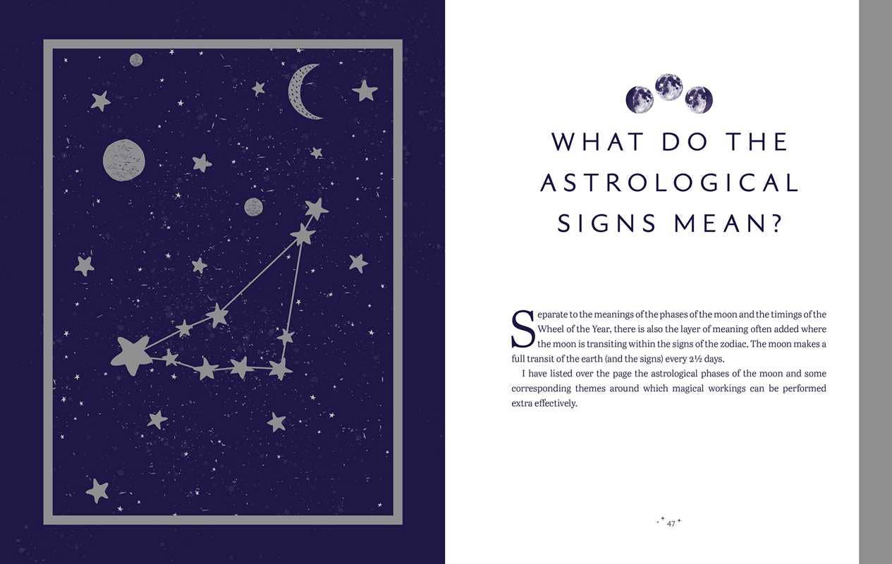 Astrological chart with zodiac signs on a dark blue background, accompanied by text explaining astrological meanings.