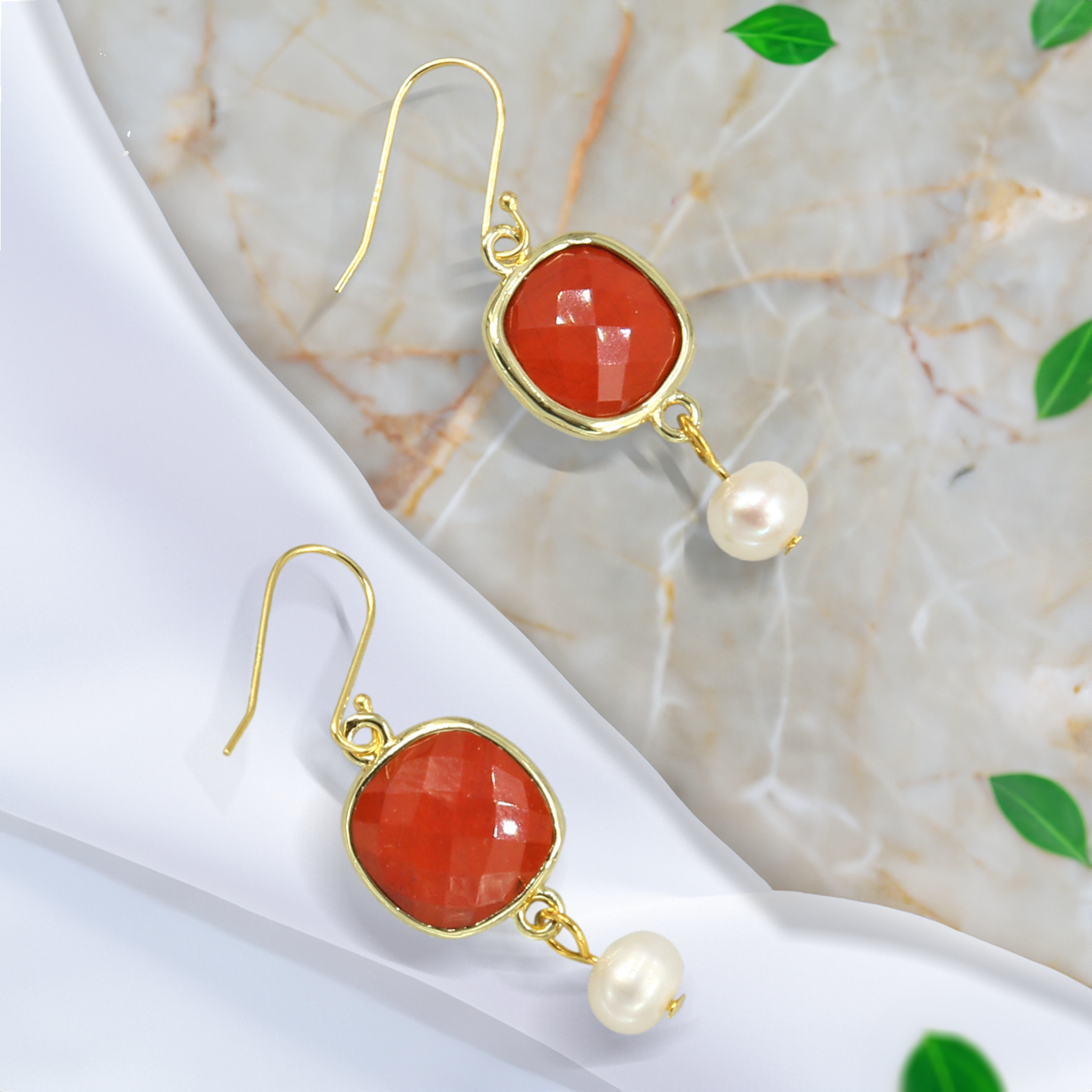 Red Jasper and Cultured Pearl Drop Earrings