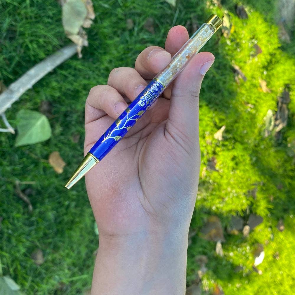 Lotus Flower Gold on Blue Pen with Citrine Chips