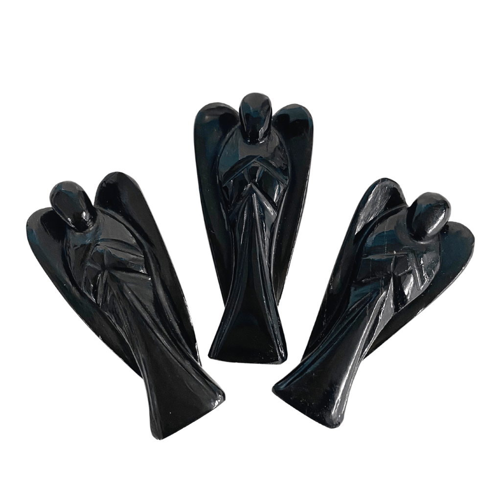 Black Obsidian Angel Carved Statue; 3 are depicted 