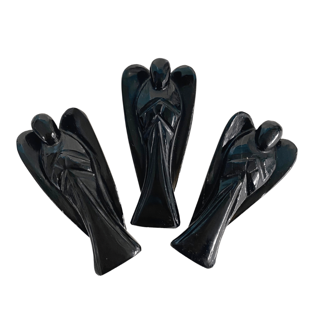 Black Obsidian Angel Carved Statue; 3 are depicted 