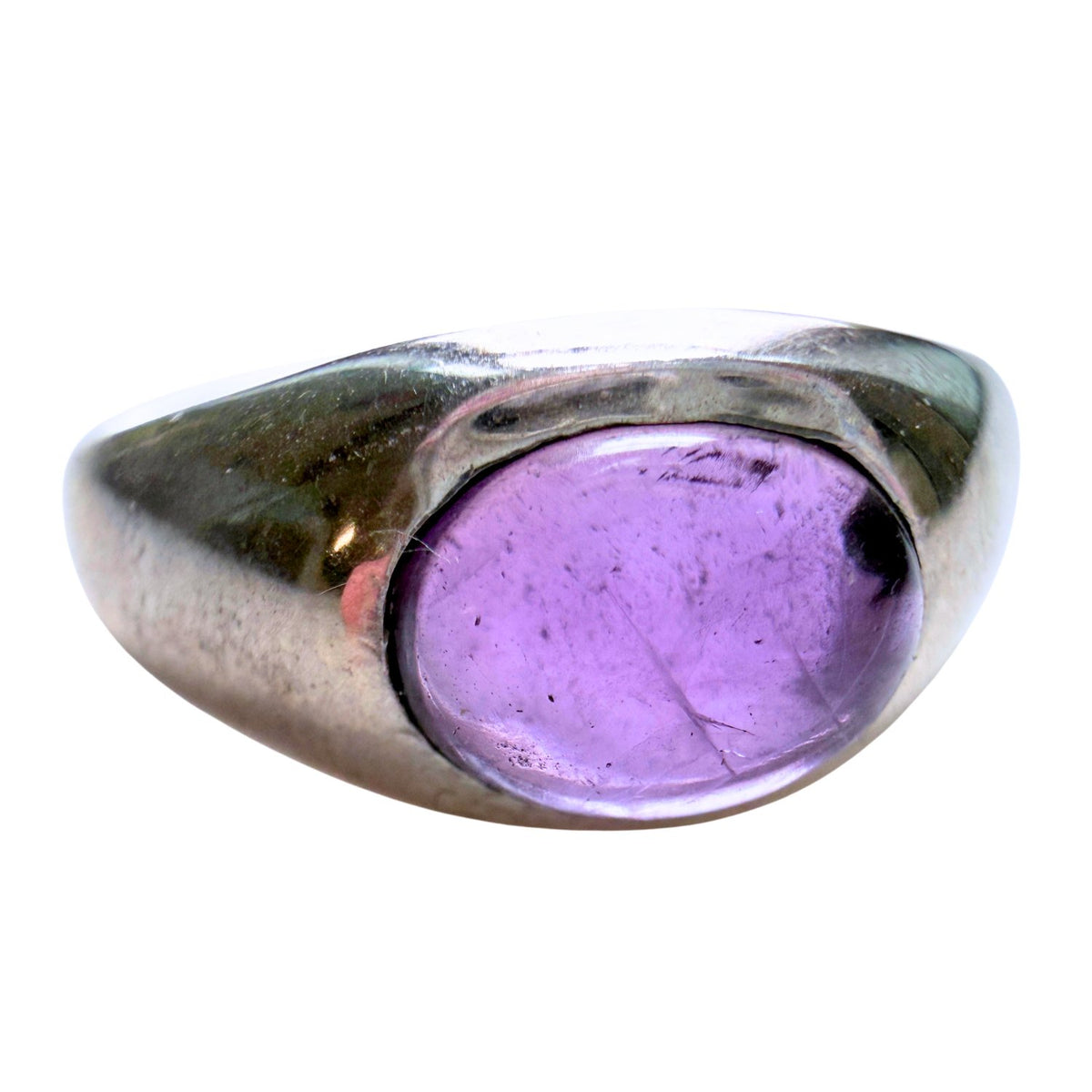 Amethyst Cabochon ring in Sterling Silver Front view on white background