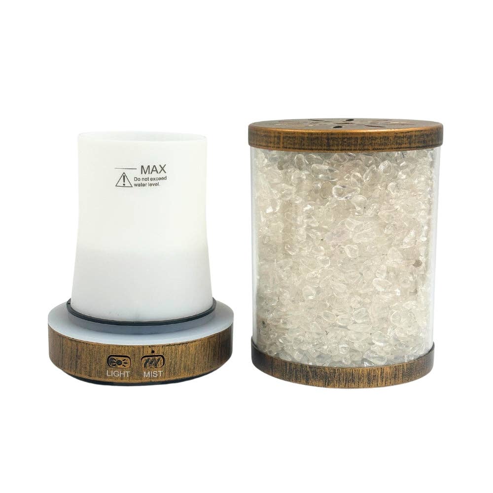 Two diffusers, one with a white candle and wooden base, the other with clear beads and wooden base, on a white background.
