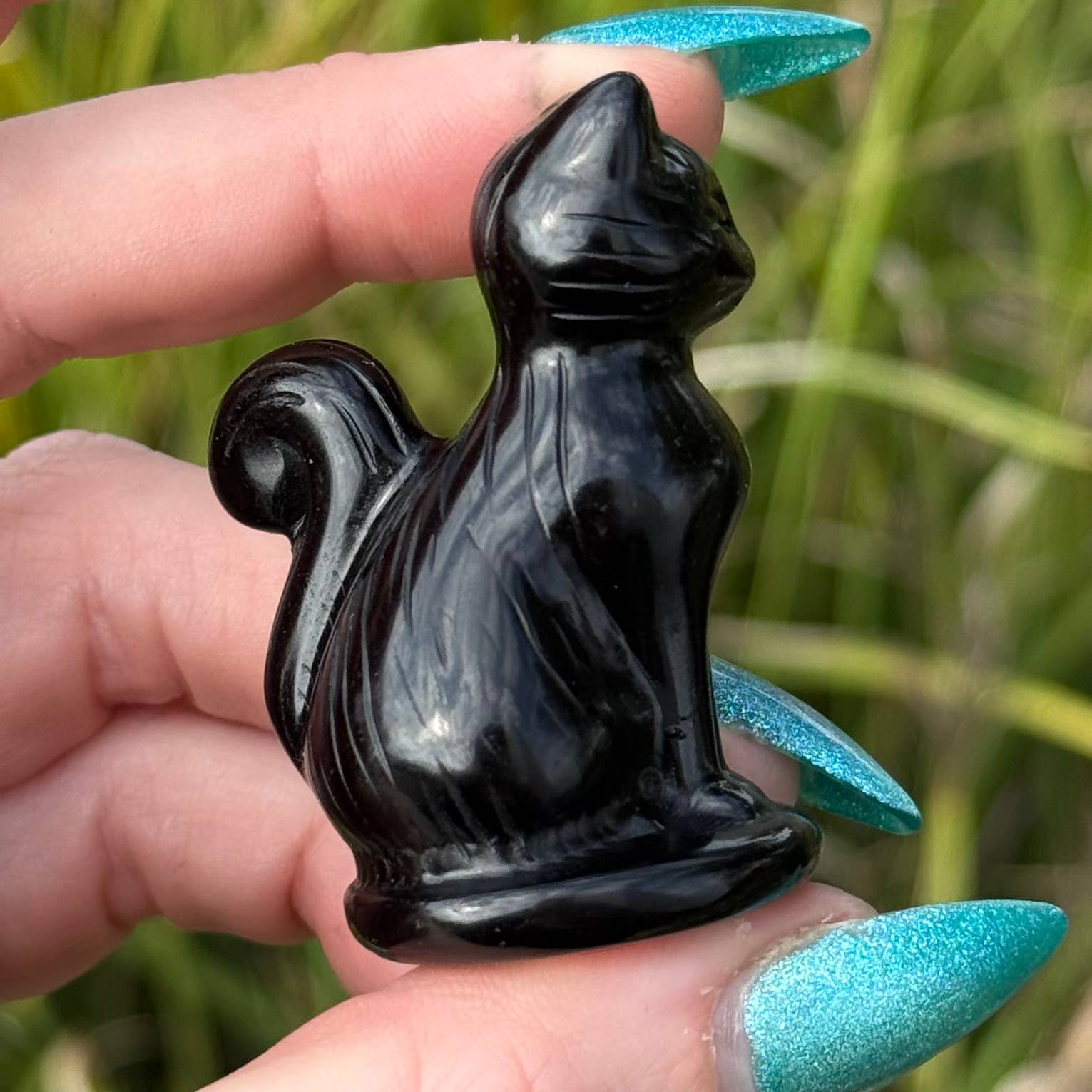Black Obsidian Cat with Curly Tail 