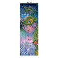 A tall wall calendar titled 'Celestial Journeys Volume 1' featuring a colorful fantasy illustration of a woman's face with a peacock feather mask, butterflies, and a glowing cityscape in blue, green, pink, and purple tones.