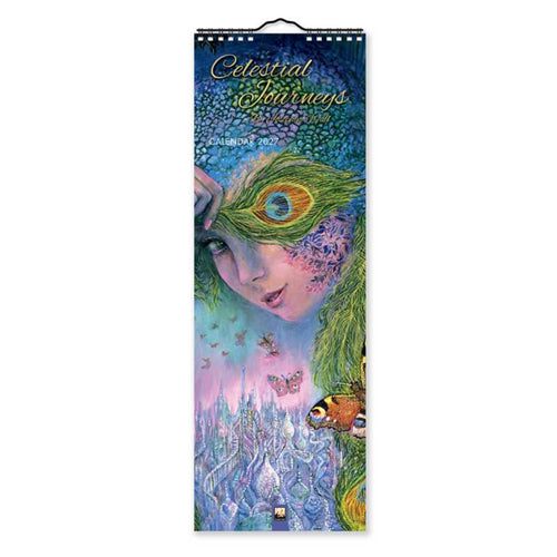A tall wall calendar titled 'Celestial Journeys Volume 1' featuring a colorful fantasy illustration of a woman's face with a peacock feather mask, butterflies, and a glowing cityscape in blue, green, pink, and purple tones.