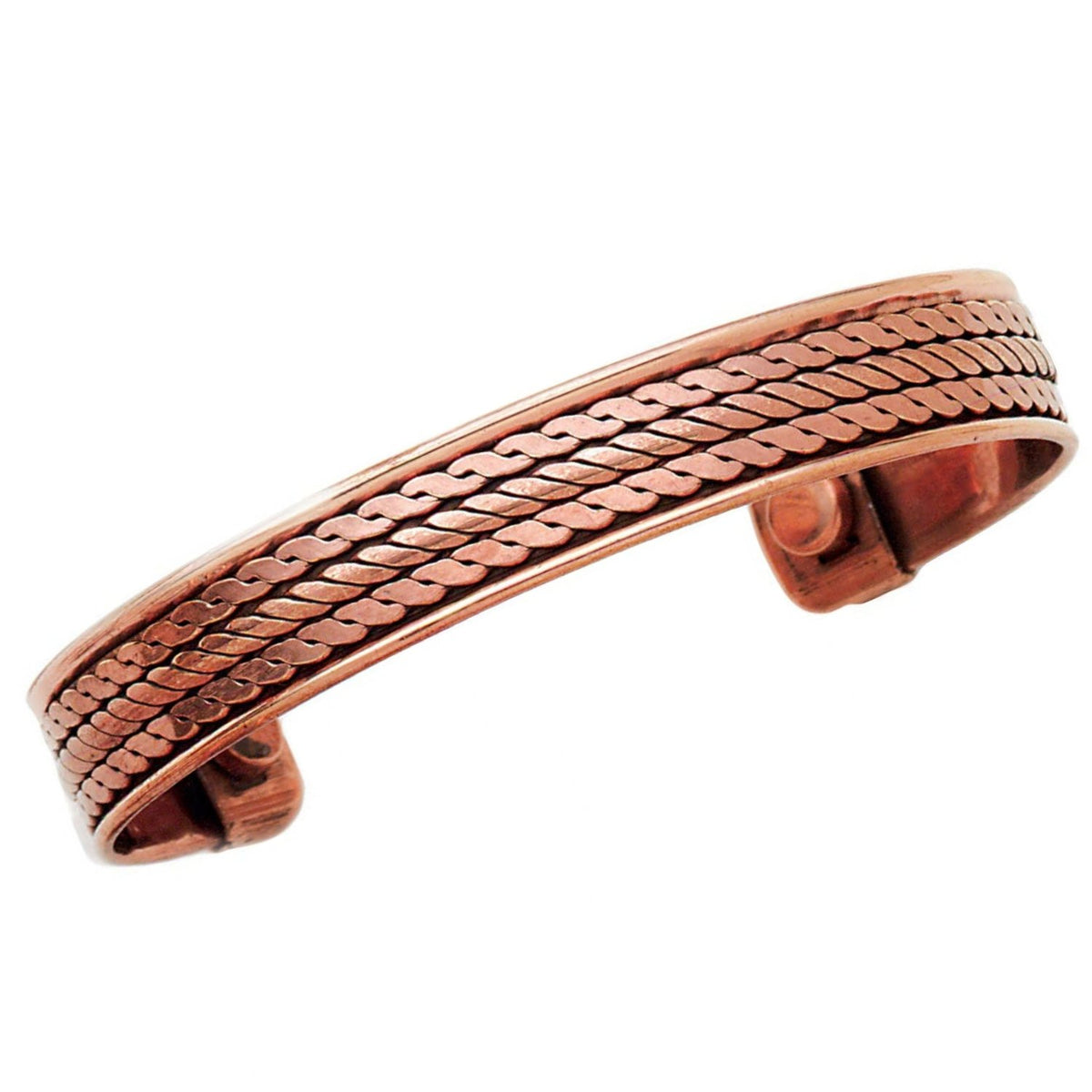 Copper bracelet with braided design on a white background