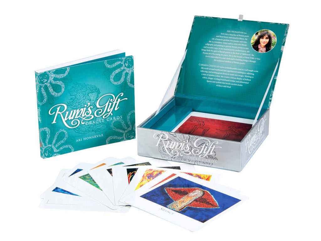 Rumi's Gift oracle cards with open box and cards displayed on a white background