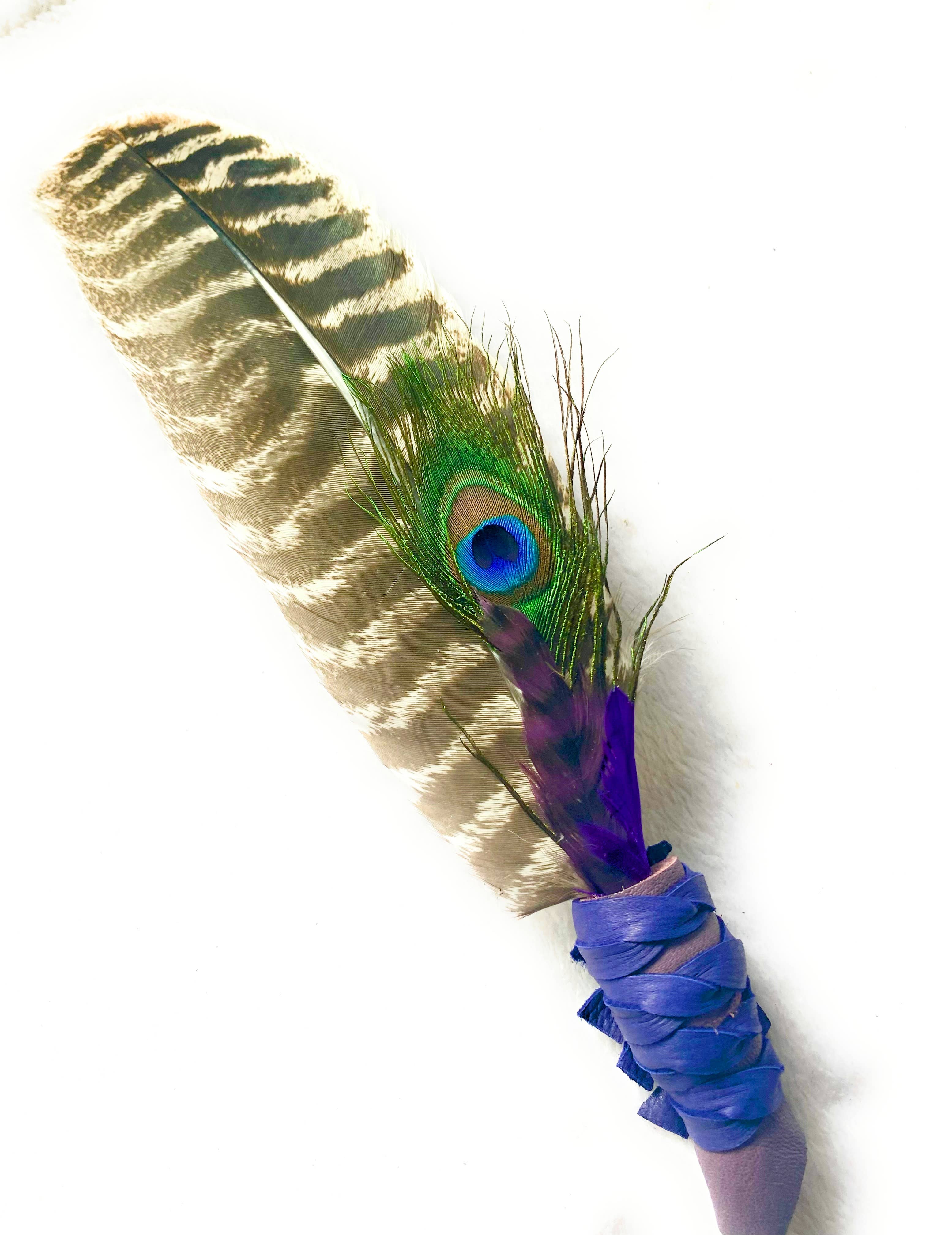 Smudge Fan with Leather wrapped Handle, Smudging Feathers: Colorful colors