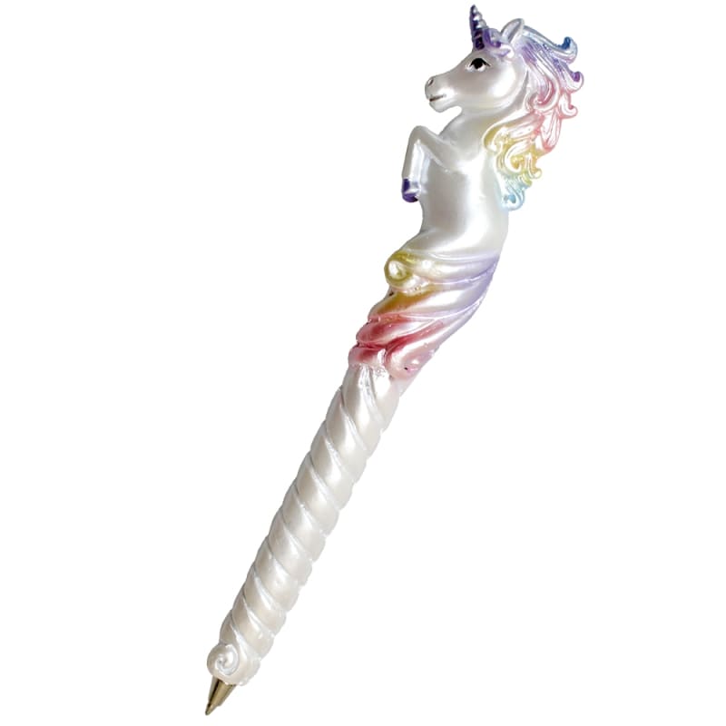 A unicorn-themed ballpoint pen with a glossy white body, a detailed unicorn head at the top, and a pastel rainbow gradient on its mane and body, set against a plain white background.