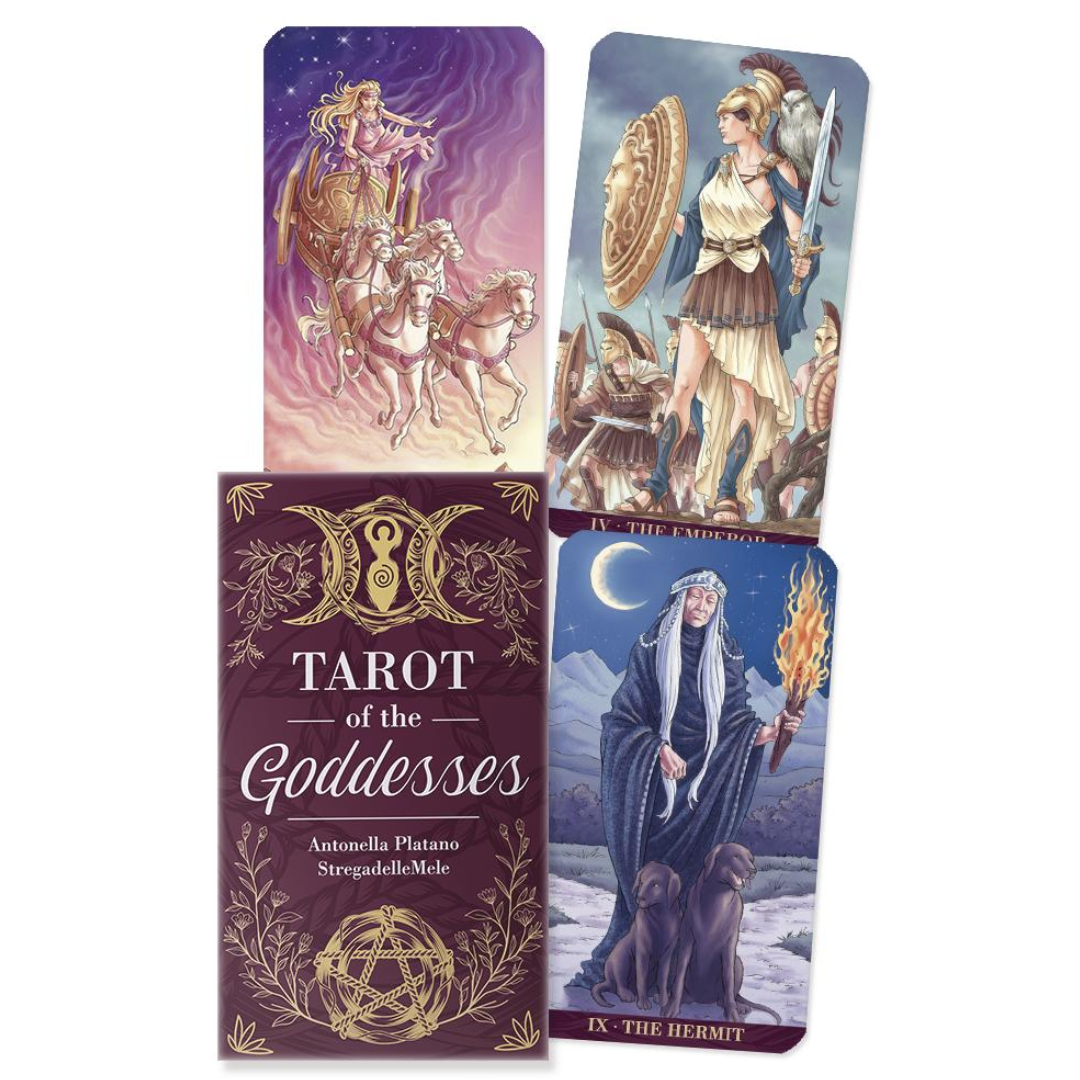 Tarot cards with illustrations of goddesses and the cover of 'Tarot of the Goddesses' deck.