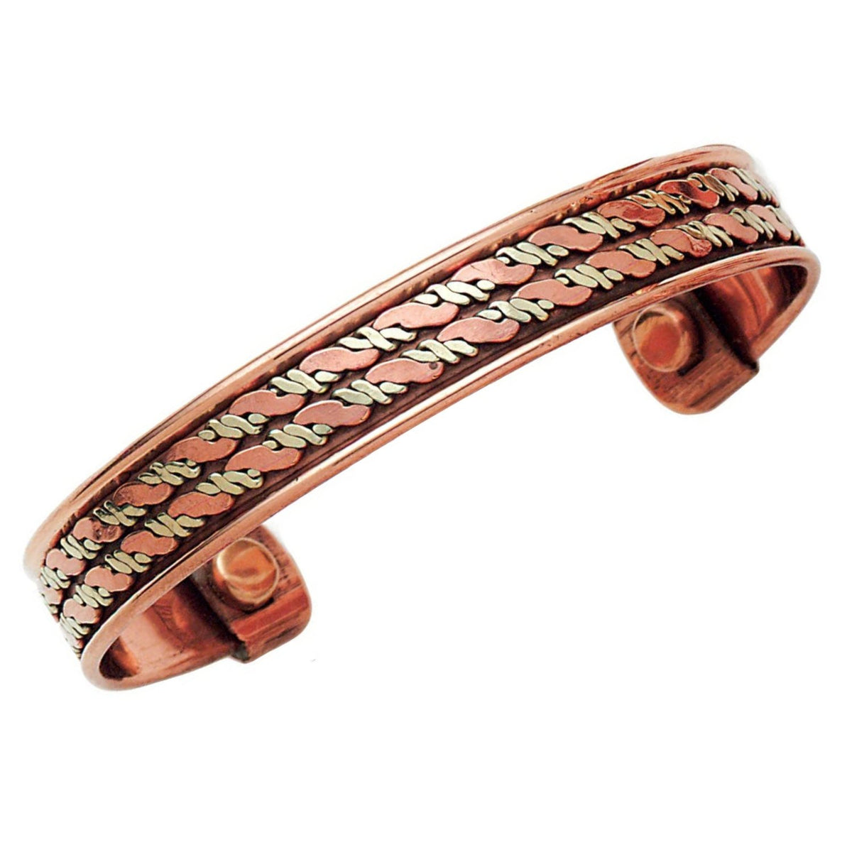 Copper and Brass bracelet with a twist pattern on a white background