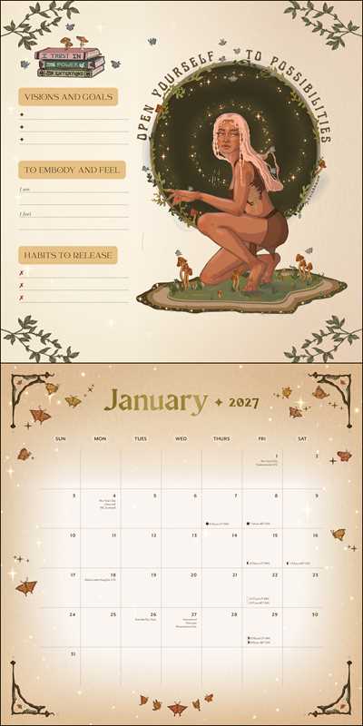 January 2027 calendar with a stylized illustration of a woman and nature elements on a beige background.