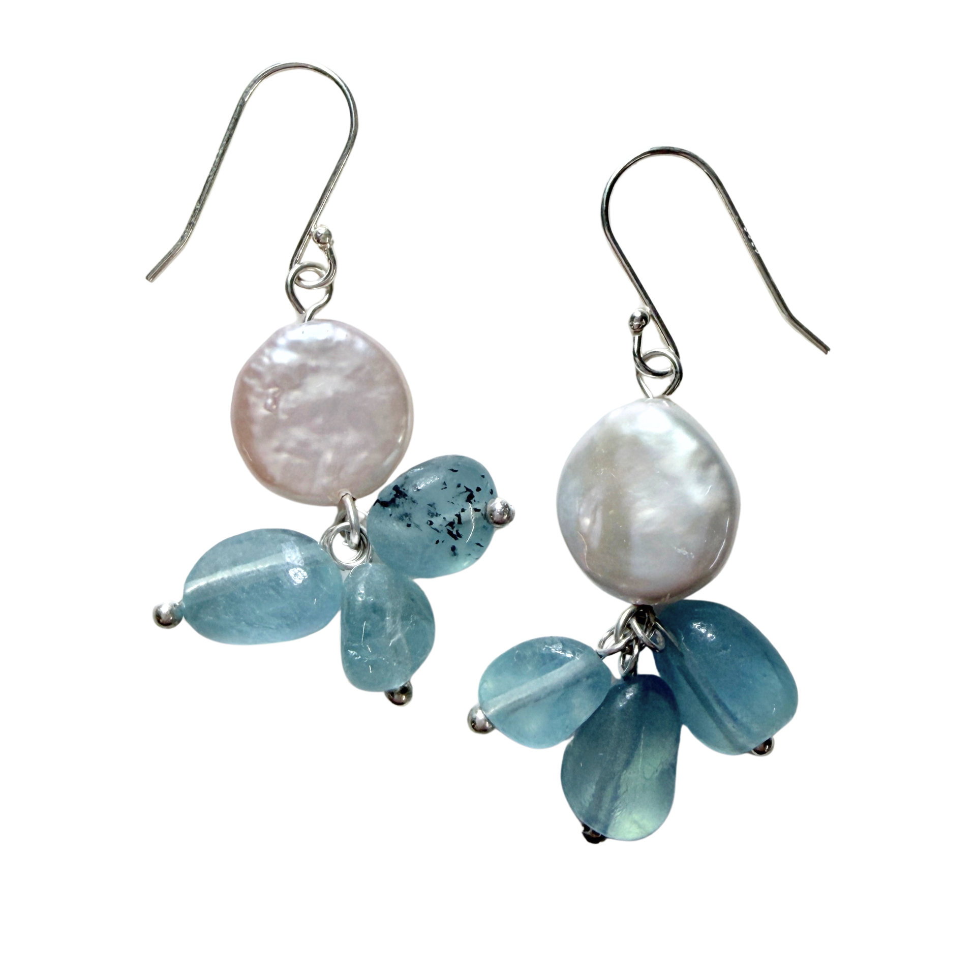 Pearl and Aquamarine Drop Earrings on a white background