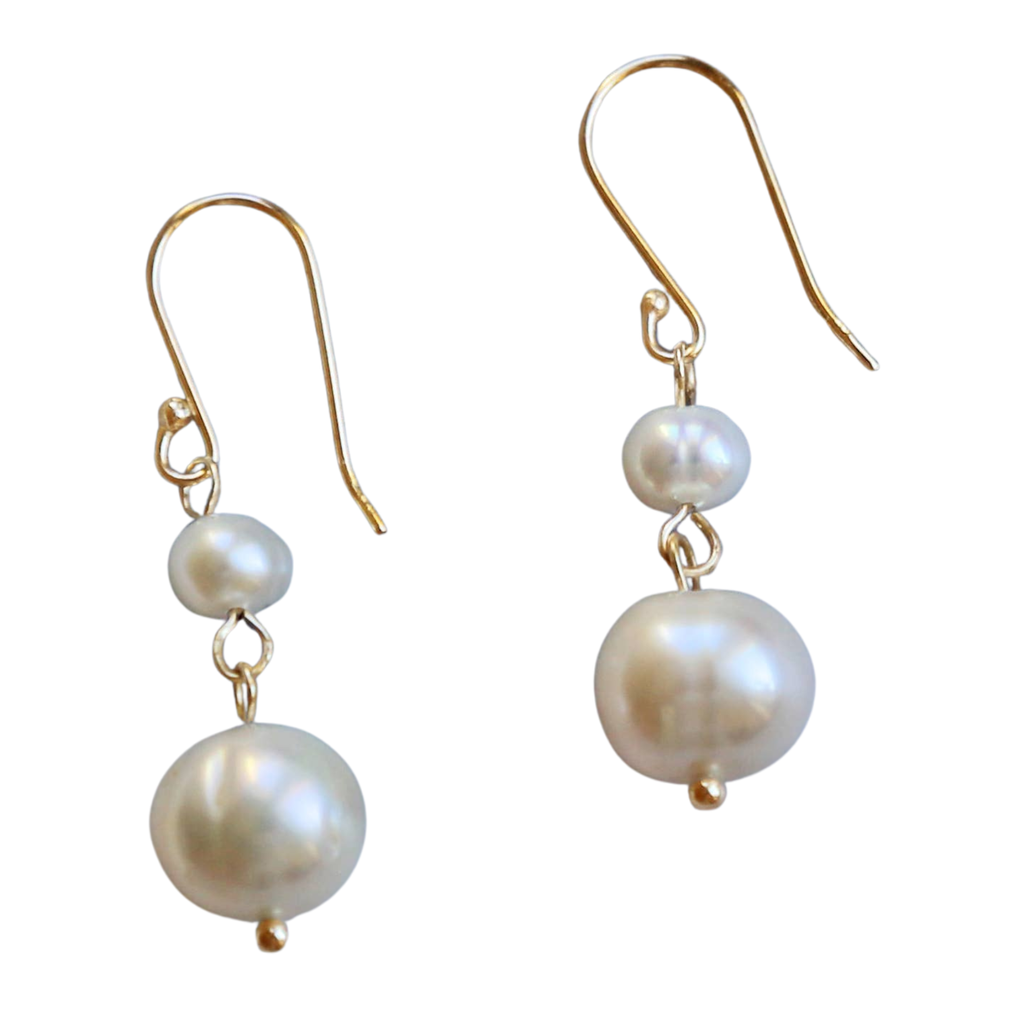 Pearl Double Drop Earrings with Gold Toned Wire on a white background