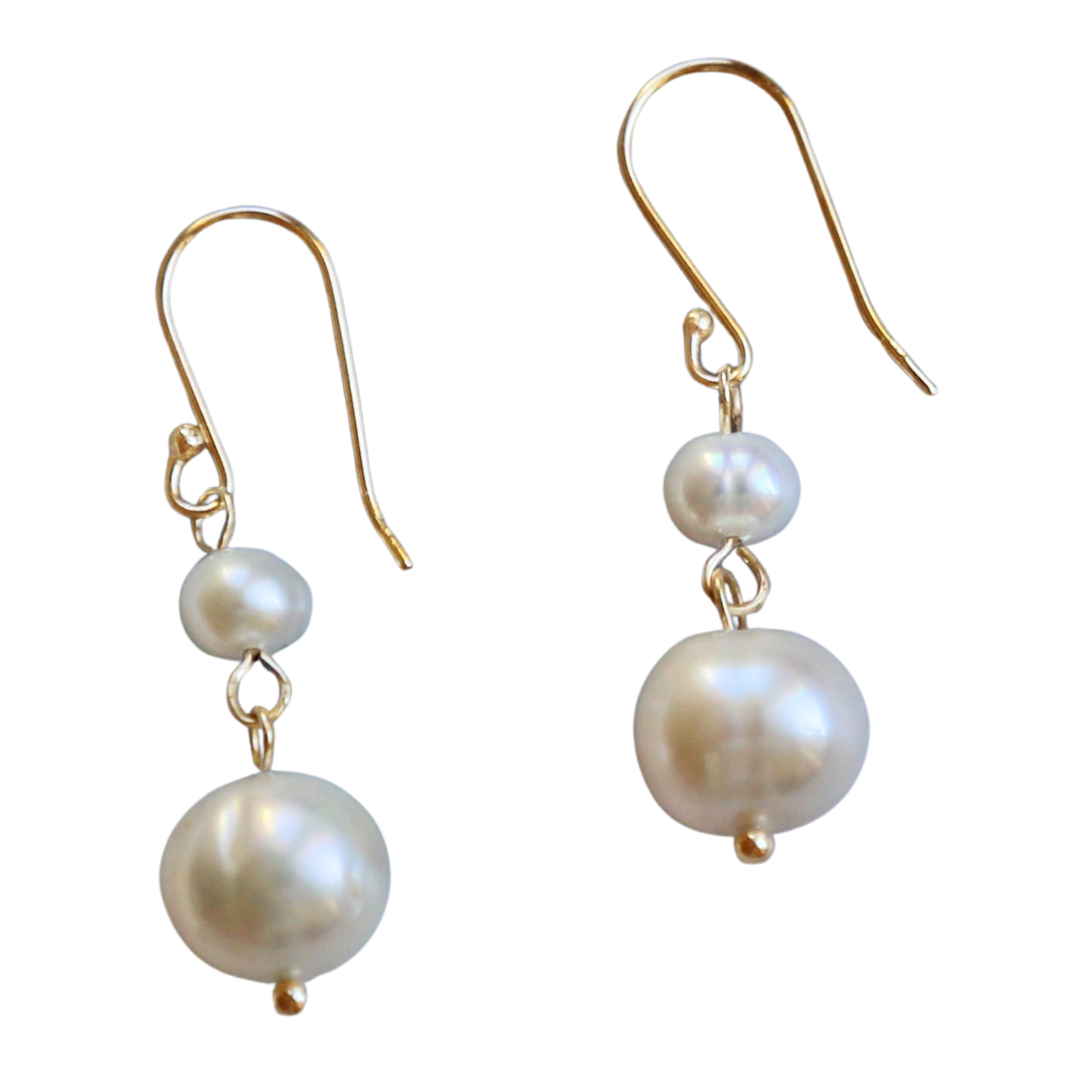 Pearl Double Drop Earrings with Gold Toned Wire on a white background